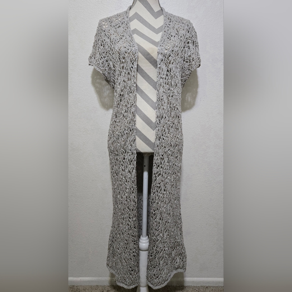 Coldwater Creek Long Cardigan Duster Sweater Open Knit Gray Beige Size Large
